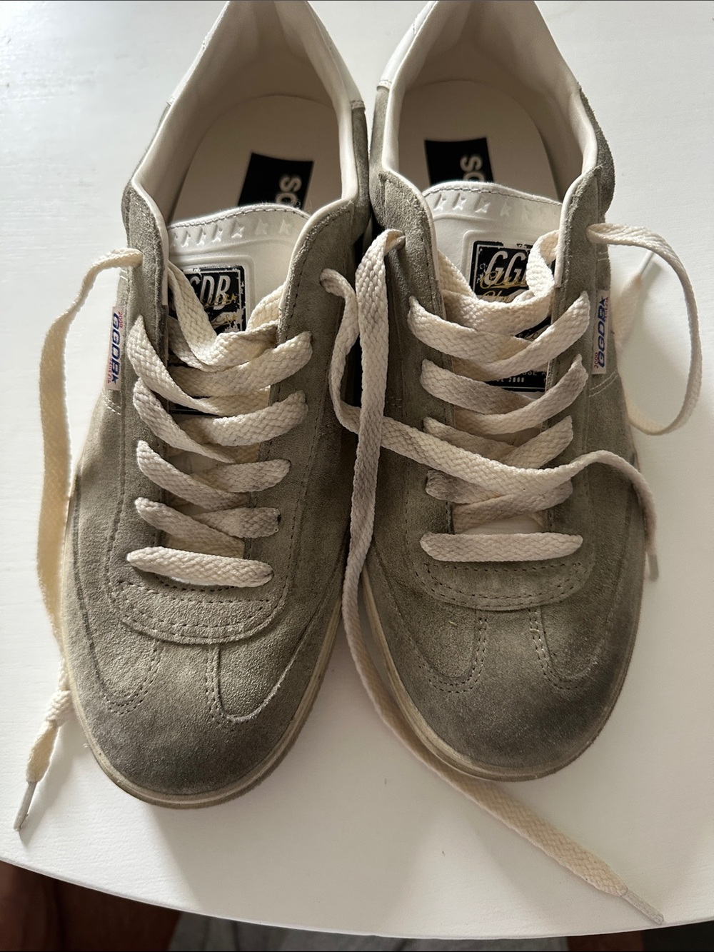 Golden Goose Soul Star Suede Sneakers in Light Olive with Cream Laces. Worn once